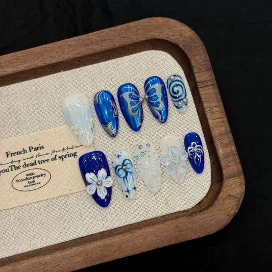Handmade Press on Nails Blue Island Butterfly False Nails Wearable 3D Flower Decor Long Carved Almond Spice Girls Fake Nail Tips