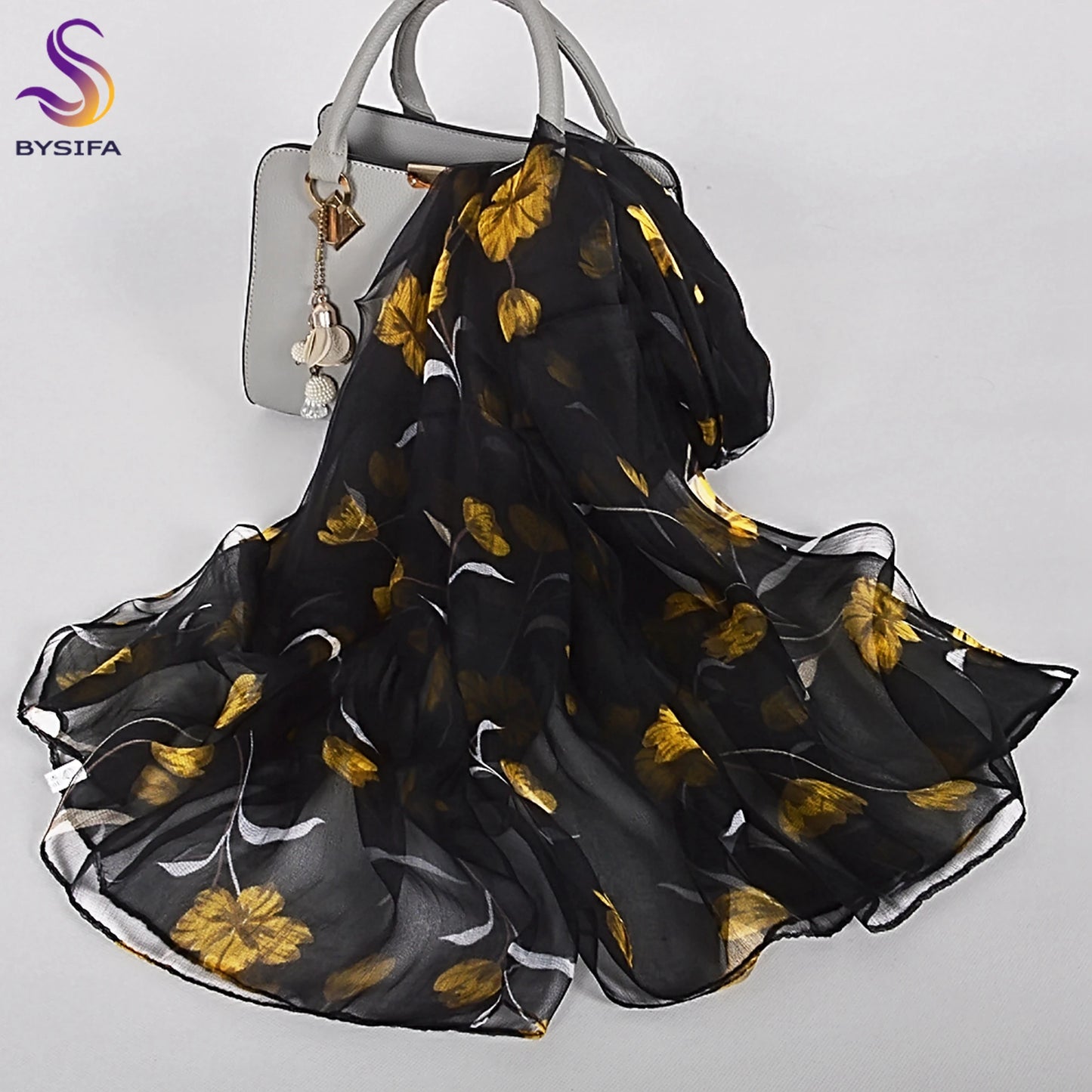 [BYSIFA] Red Black Women Long Silk Scarf Printed 170*105cm Fashion Leaves Pattern Brand 100% Pure Silk Shawl For Spring Autumn