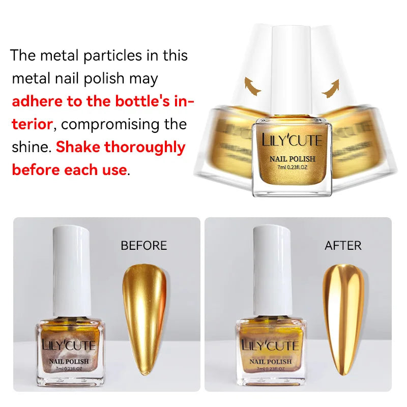 LILYCUTE 7ML Bright Gold Metallic Nail Polish No Need Lamp Quick Dry French Style Glass Bottle Manicure Nail Art Varnish