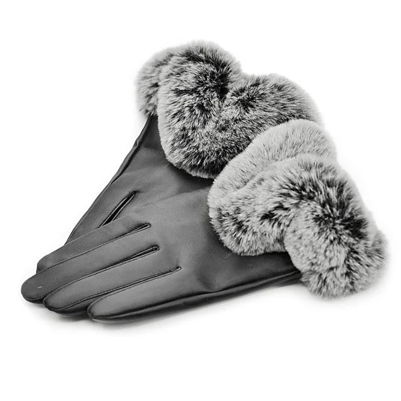 1 Pair Women Winter Warm Gloves Women Lady Black Leather Gloves Autumn Winter Warm Rabbit Fur Mittens Warmth Warmer Mittens