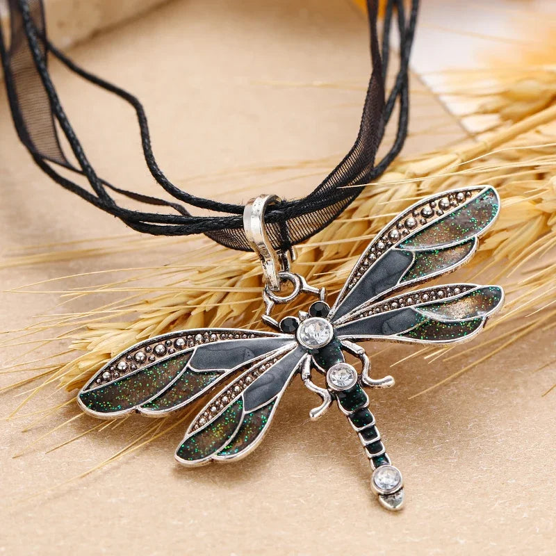 Fashion Crystal Dragonfly Pendant Necklaces for Women Vintage Insect Multi Layers Rope Necklace Jewelry Thanksgiving Gift
