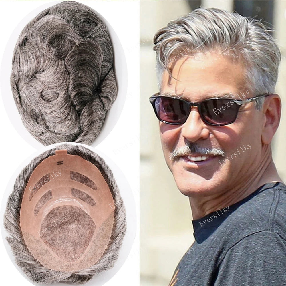Realistic Men's Toupee Durable NPU Bond Gray Male Human Hair Prosthesis Capillary System Natural Hairline Comfortable Fine Mono