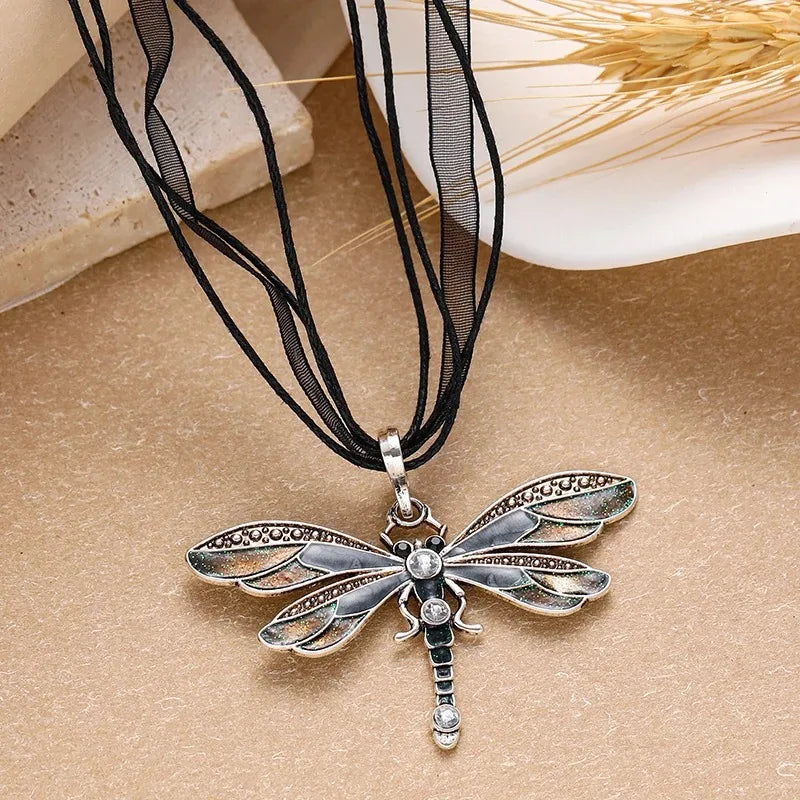 Fashion Crystal Dragonfly Pendant Necklaces for Women Vintage Insect Multi Layers Rope Necklace Jewelry Thanksgiving Gift