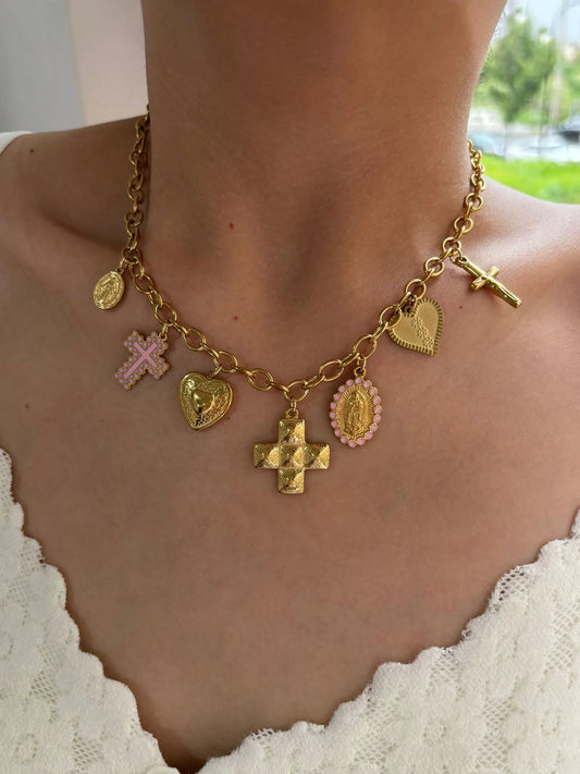 Peri'sbox Anti-Tarnish Fashion 18K Gold Plated Cross Heart Oval Pendant Necklace Creative Design Stainless Steel Women's Jewelry