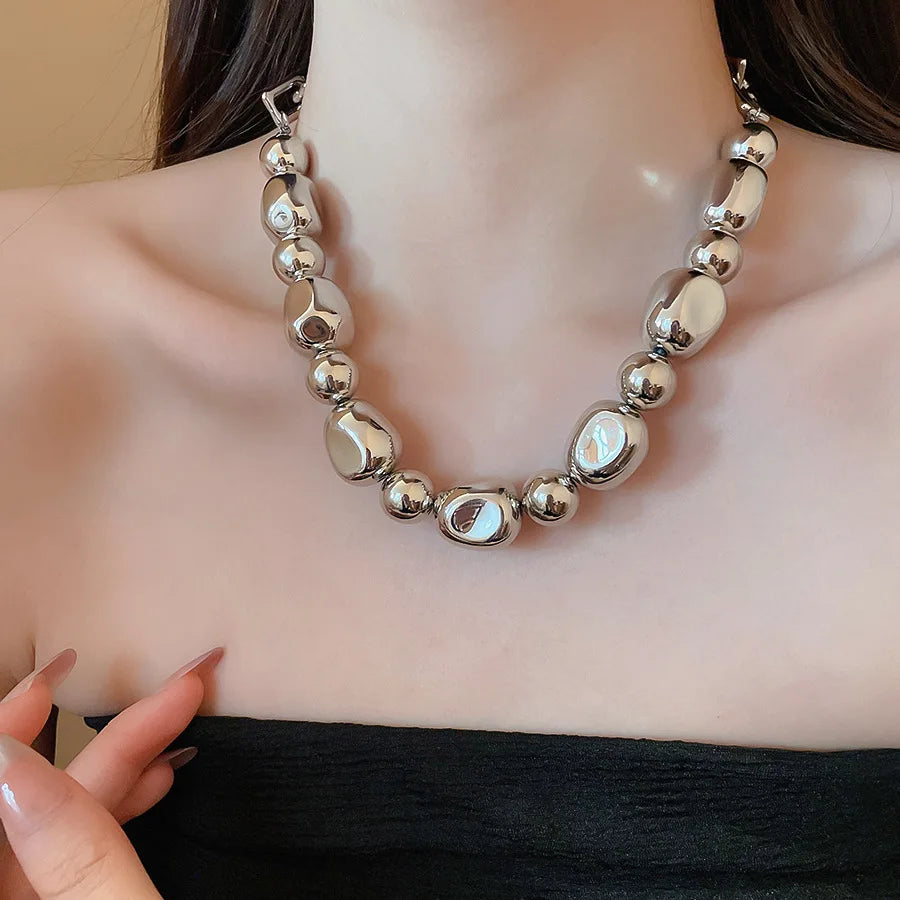 Minar Punk Irregular Metallic ABS Beads Strand Beaded Necklace for Women Silver Plated Metal Alloy Hollow Link Chain Chokers