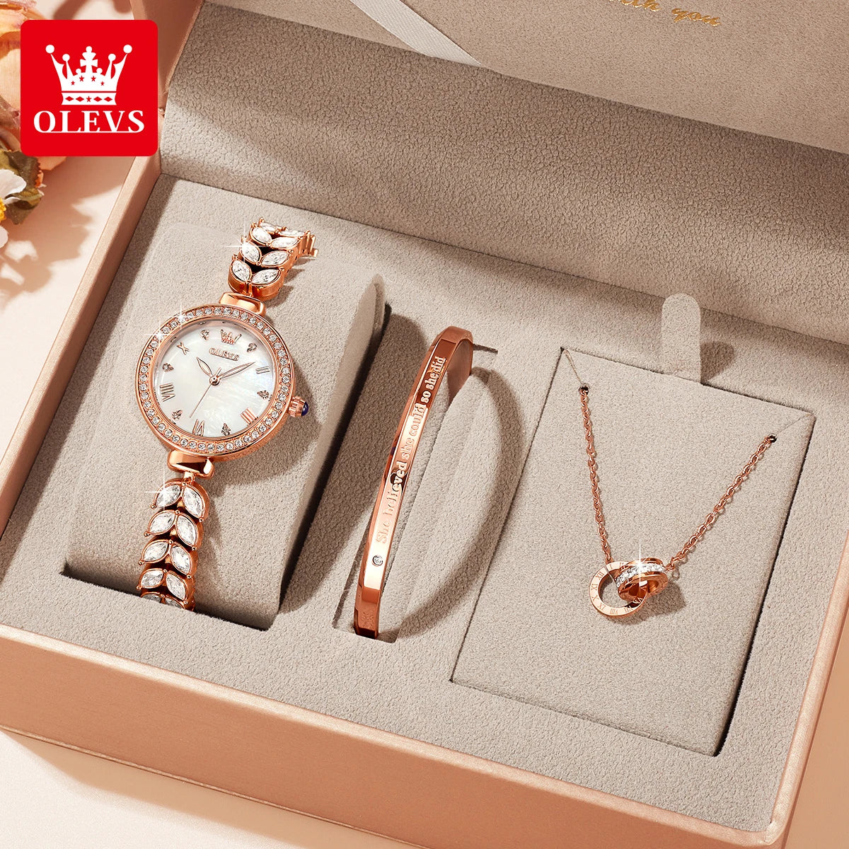 OLEVS 9971 Diamond Fishbone Women  Watch Luxury Brand Quartz Watch Elegant Bracelet Set Gift Box Waterproof HD Dial Women Watch