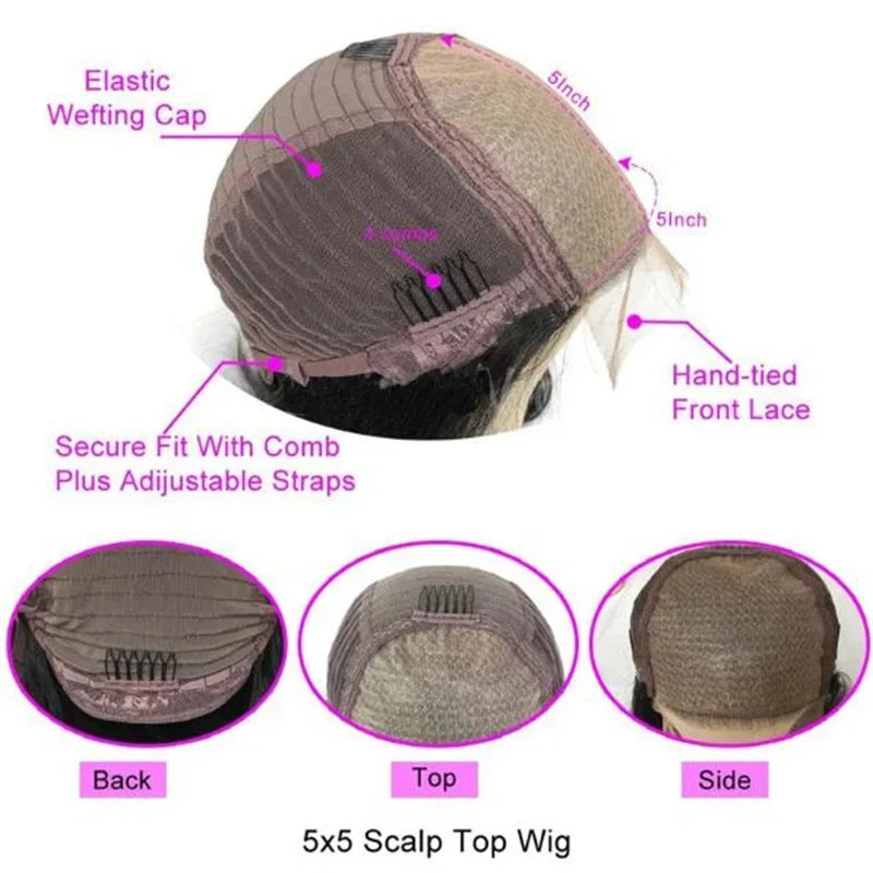 Highlight Blonde Glueless Short 26“Long Body Wave 5x5 Silk Base Jewish Human Hair Wig Baby Hair HD Lace European Hair Preplucked