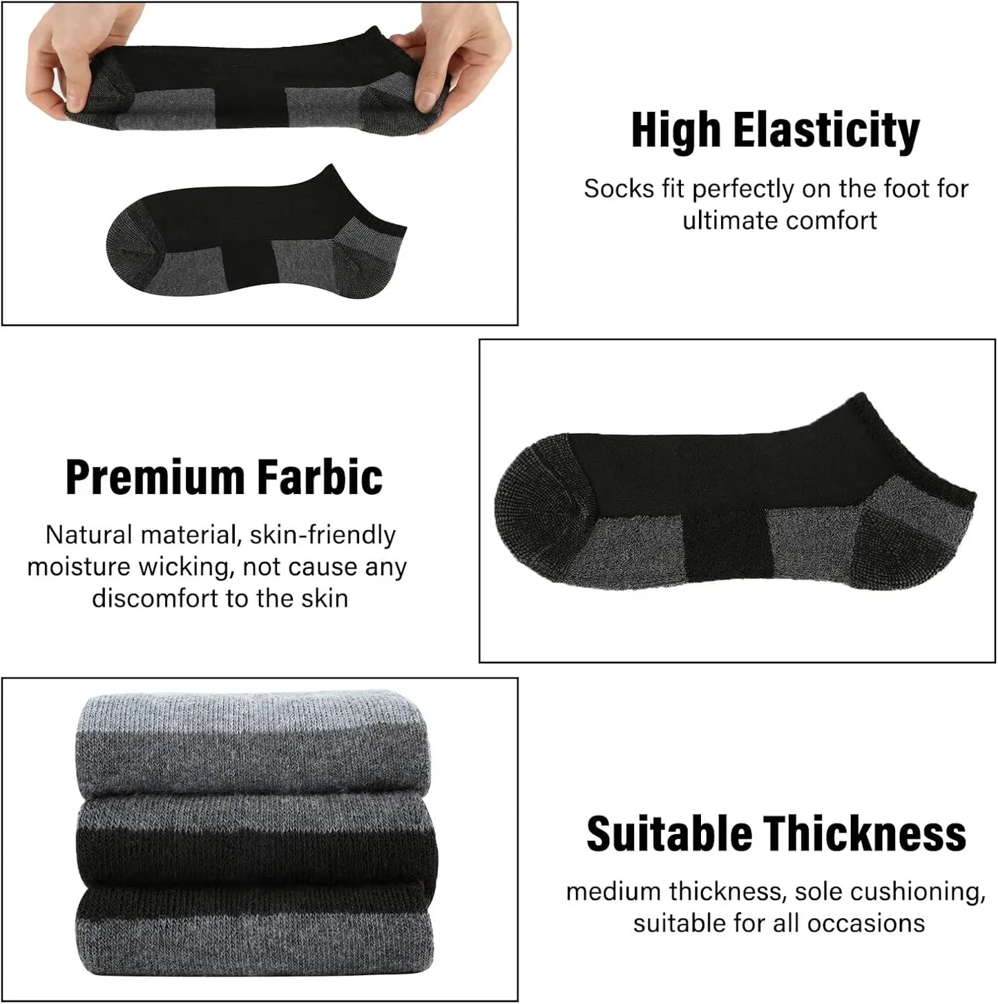12 Pack Mens Cushioned Ankle Socks, Low Cut Breathable Casual Spring, summer, autumn Socks