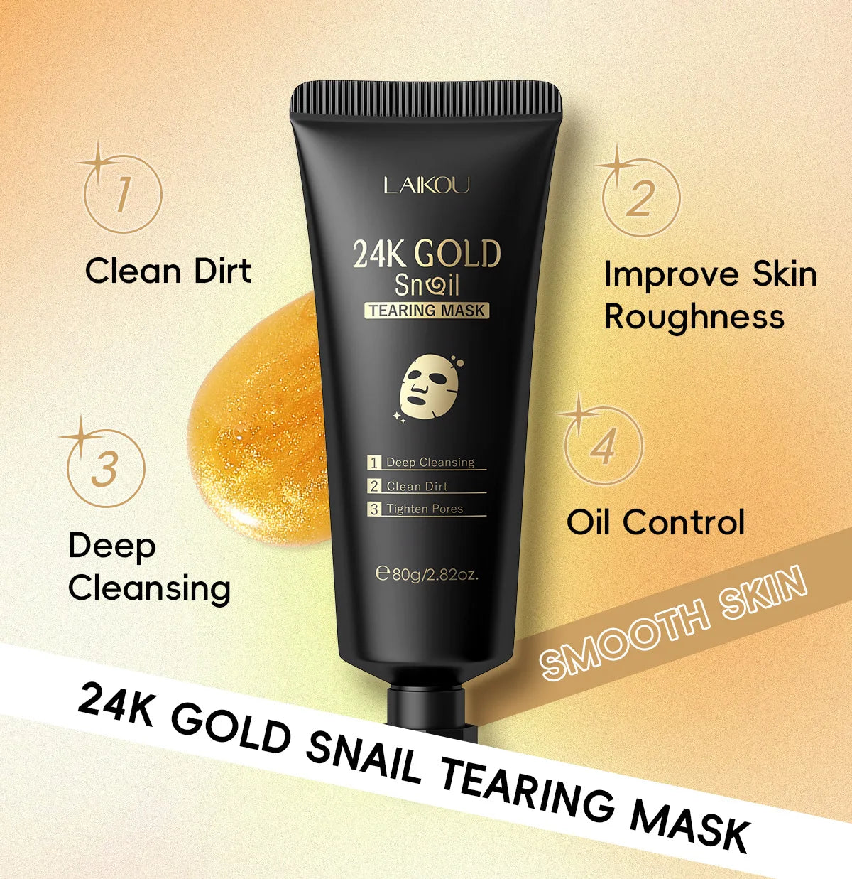 LAIKOU 50/80g 24K Gold Snail Tearing Mask Deep Cleansing Tighten Pores Firming Skin Oil-Control Whitening Moisturizing Skin Care