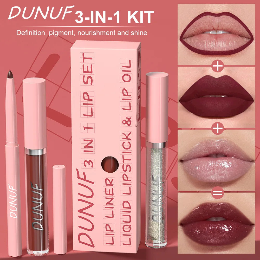 DUNUF 3 In 1 Matte Lipglaze Lip Liner Moisturize Clear Lip Oil Set Cosmetics Waterproof Long lasting Plumer Mirror Lips Gloss