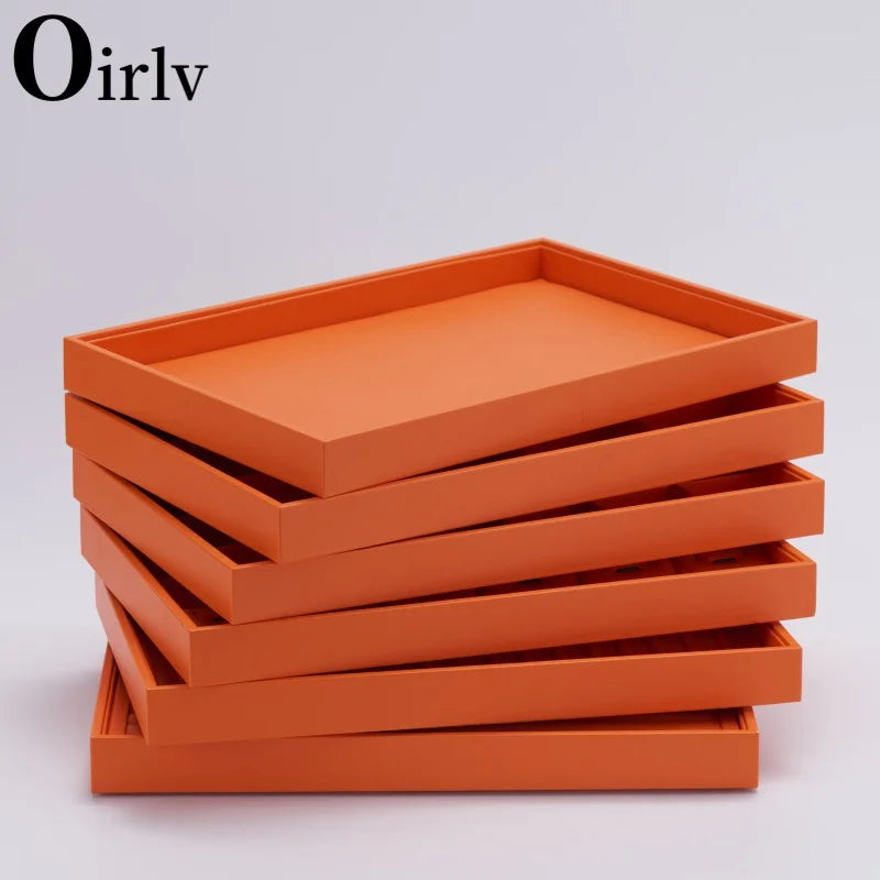 Oirlv New Luxury Orange Leather Stackable Jewelry Tray Jewelry Drawer Organizer Trays Rings Earrings Storage Display Props