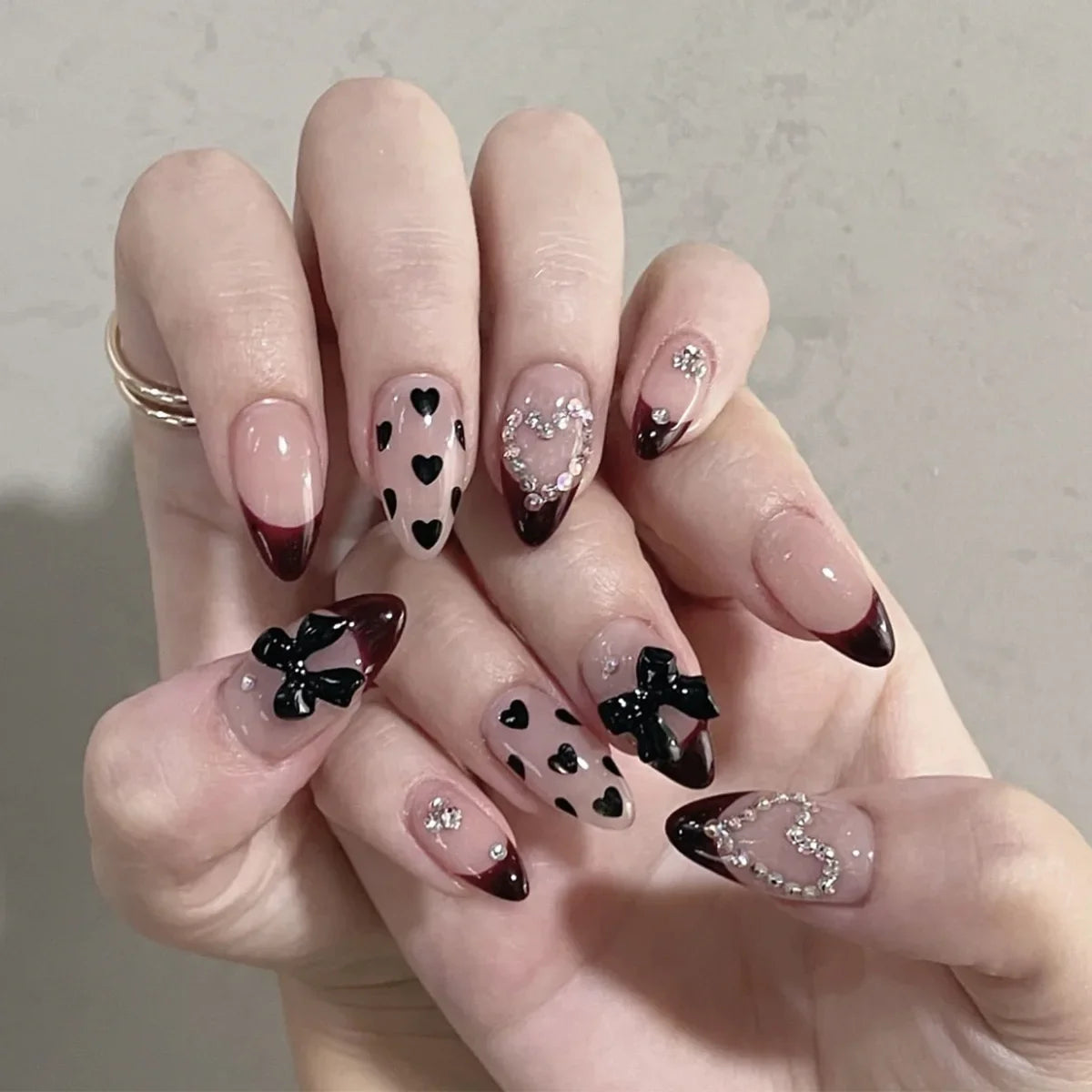 24Pcs Leopard Print Fake Nails Black Bow Press on Long Almond with Rhinestone False Nails Wearable Finished Fingernails Nail Art