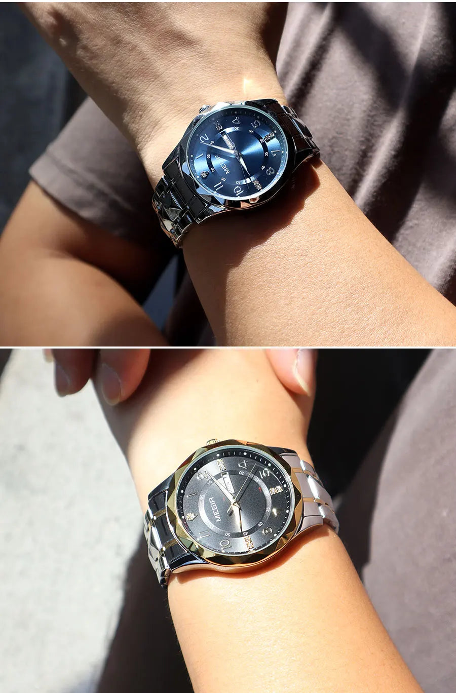 MEGIR Elegant Simple Style Men Quartz Watch with Date Day Display Fashion Stainless Steel Strap Alloy Case Ladies Wristwatch