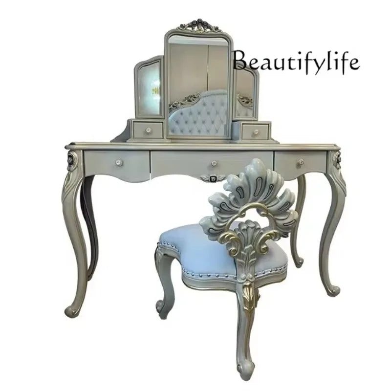 BJ BJ French Light Luxury Solid Wood Carved Dresser Dressing Chair Bedroom European Simple Makeup Table Storage