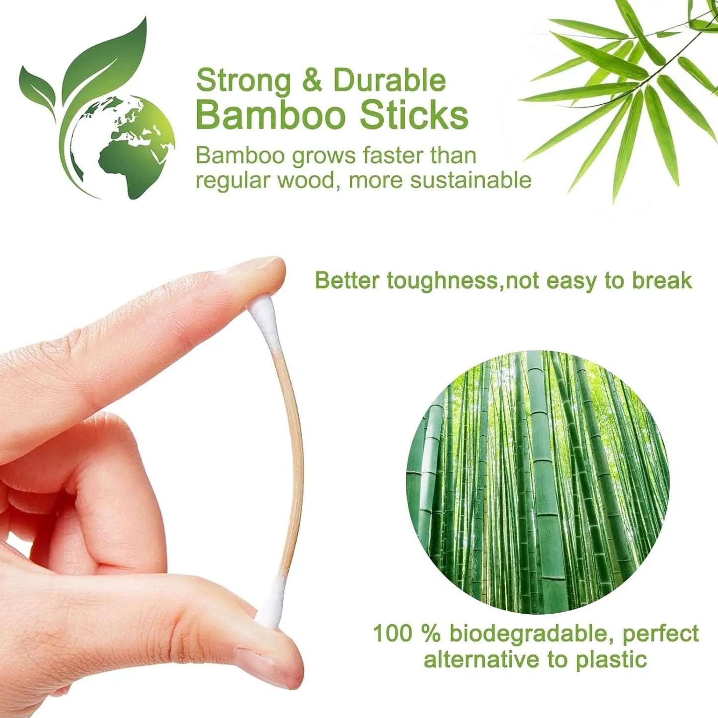 1000 Count Organic Cotton Swabs, Double Tips Biodegradable Cotton Buds with Sturdy Bamboo Sticks for Ear Cleaning, Makeup, Hygie