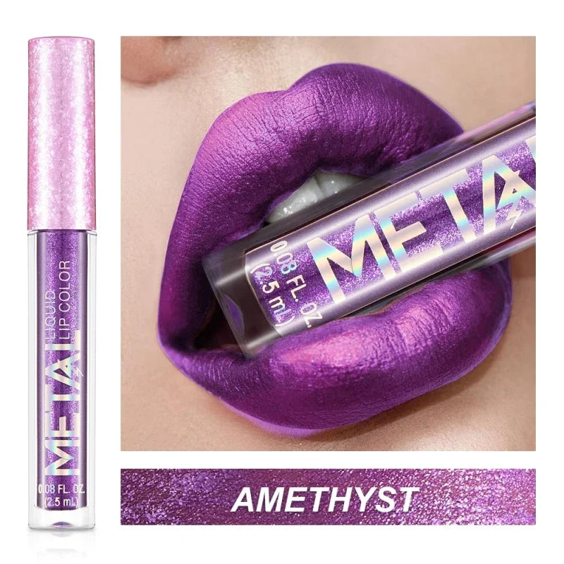 Glitter Metallic Liquid Lipstick Waterproof Shiny Shimmer Metal Lip Gloss Tint Non-Stick Cup Lipgloss Long Lasting Makeup Beauty