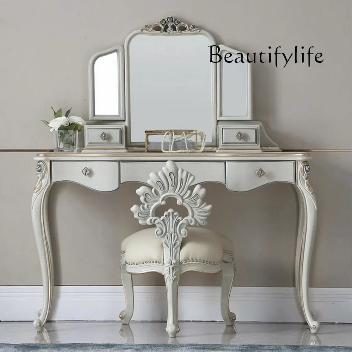 BJ BJ French Light Luxury Solid Wood Carved Dresser Dressing Chair Bedroom European Simple Makeup Table Storage