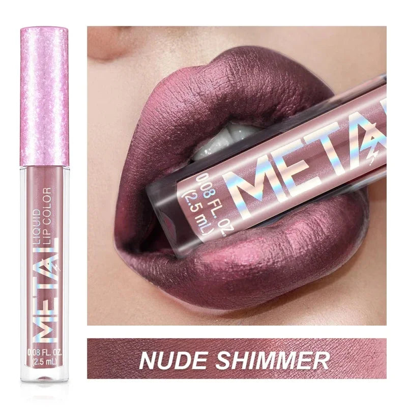 Glitter Metallic Liquid Lipstick Waterproof Shiny Shimmer Metal Lip Gloss Tint Non-Stick Cup Lipgloss Long Lasting Makeup Beauty
