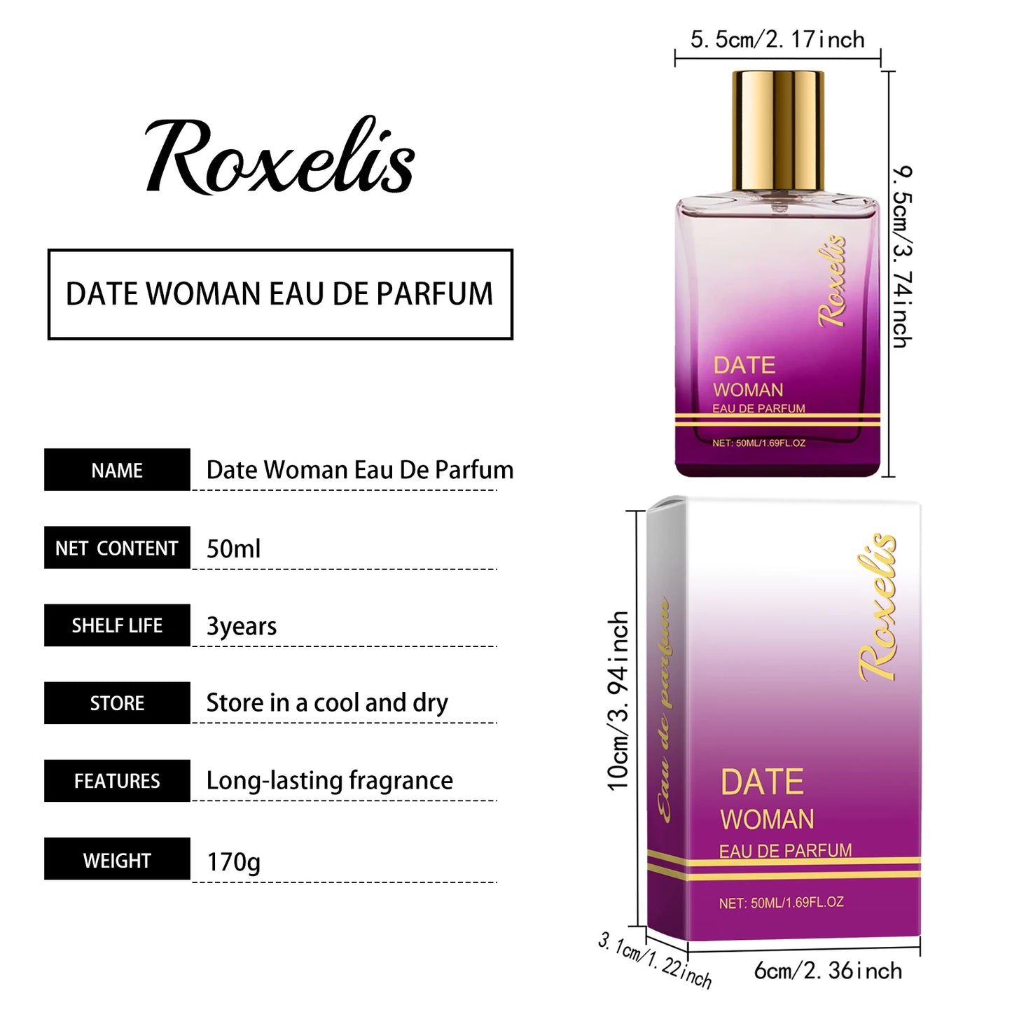 Roxelis 50ml Women's Herbal Perfume Charming Woody Scent Lasting Fragrance Alcohol-Free Dating Seductive Elegant Lady Perfume