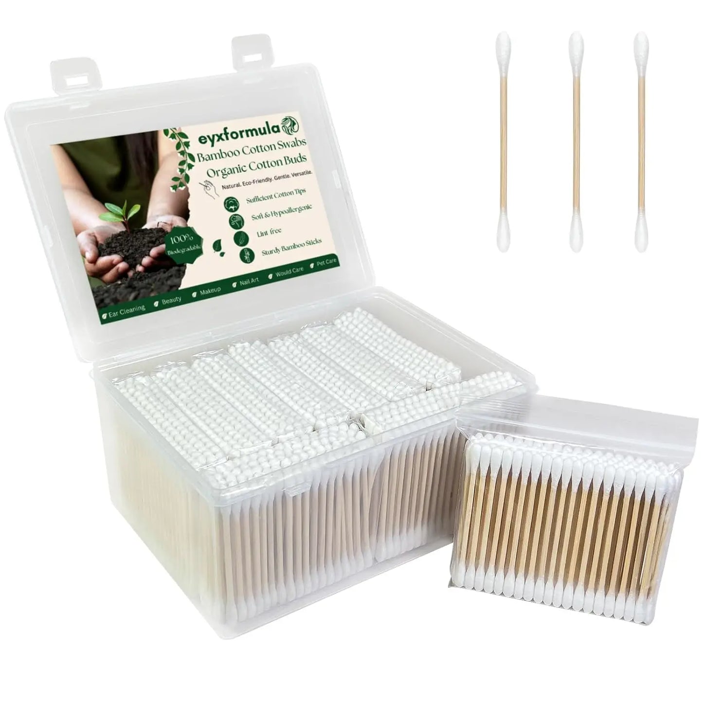 1000 Count Organic Cotton Swabs, Double Tips Biodegradable Cotton Buds with Sturdy Bamboo Sticks for Ear Cleaning, Makeup, Hygie